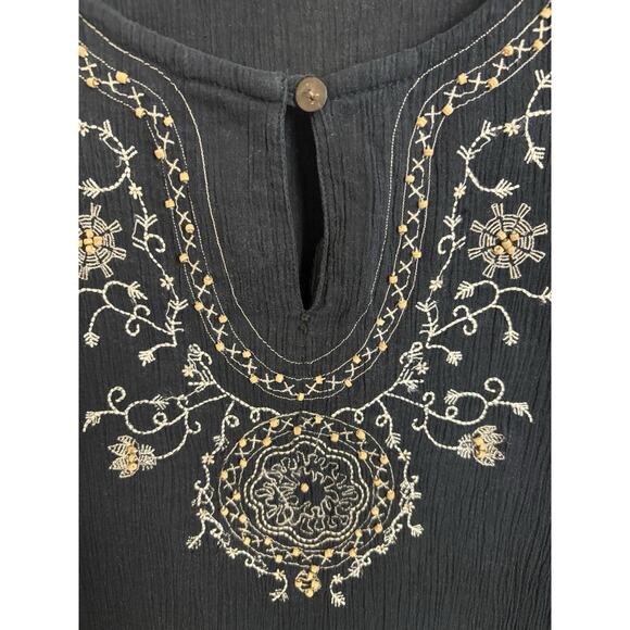 Vtg Black Gauzy Embroidered Beaded 3/4 Sleeve Top Size Medium Boho Indie Peasant - Picture 3 of 10
